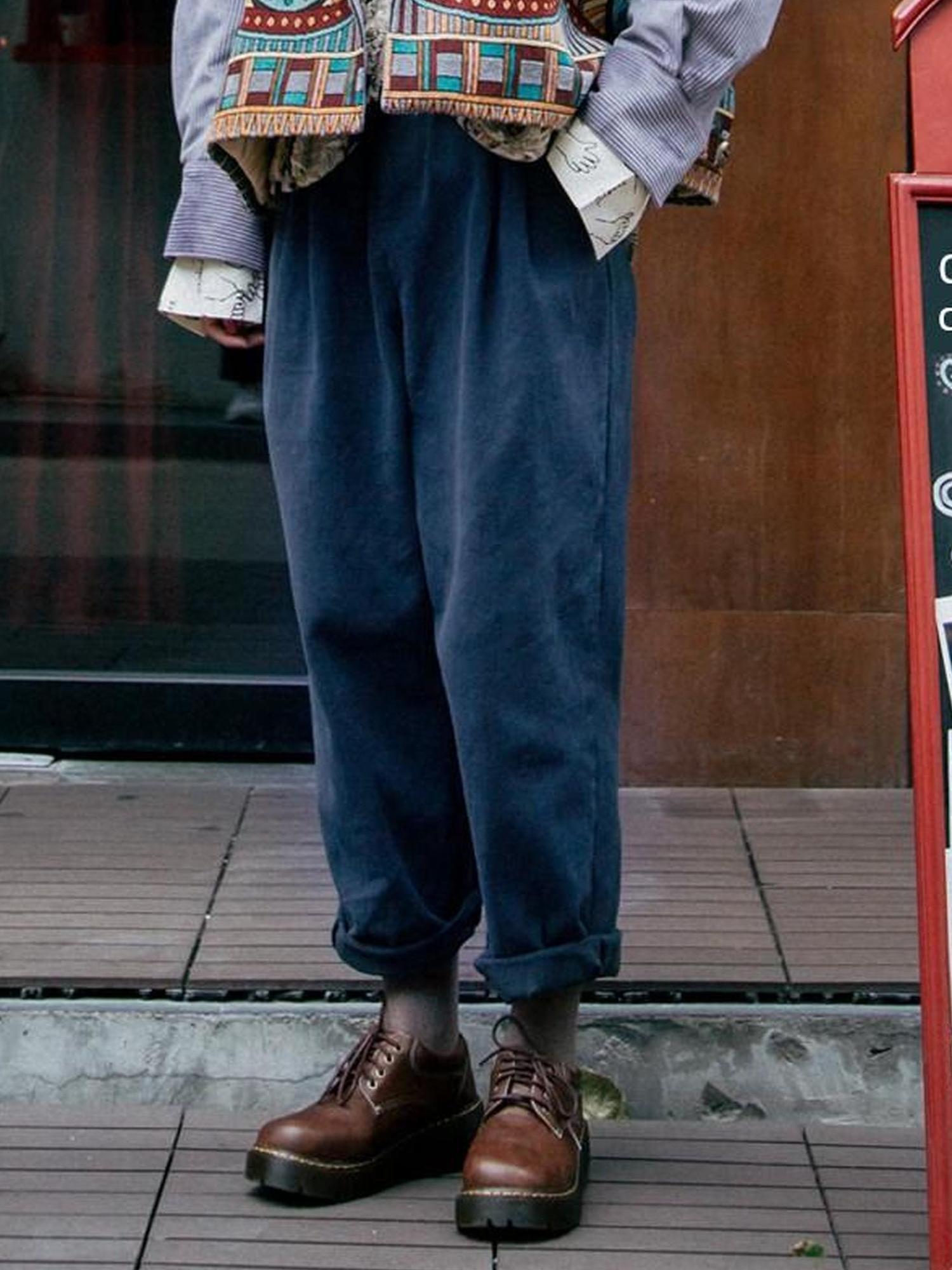 Sweet Mi Vintage Washed Twill Canvas Winter Loose Pants