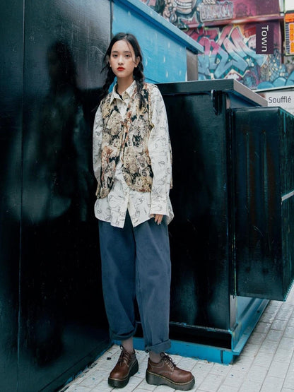 Sweet Mi Vintage Washed Twill Canvas Winter Loose Pants