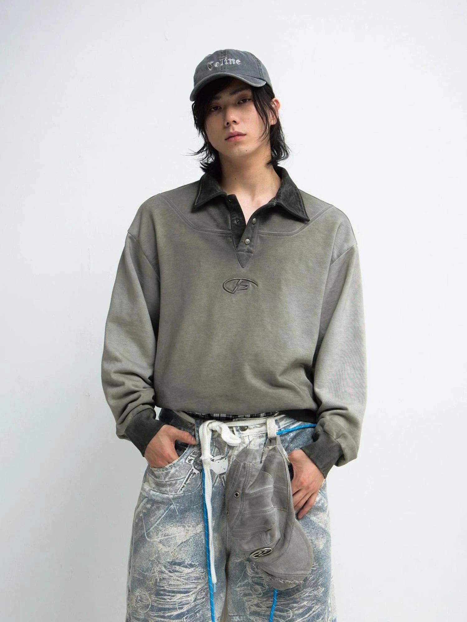 Vintage Washed Unisex Polo Collar Long Sleeve Tee