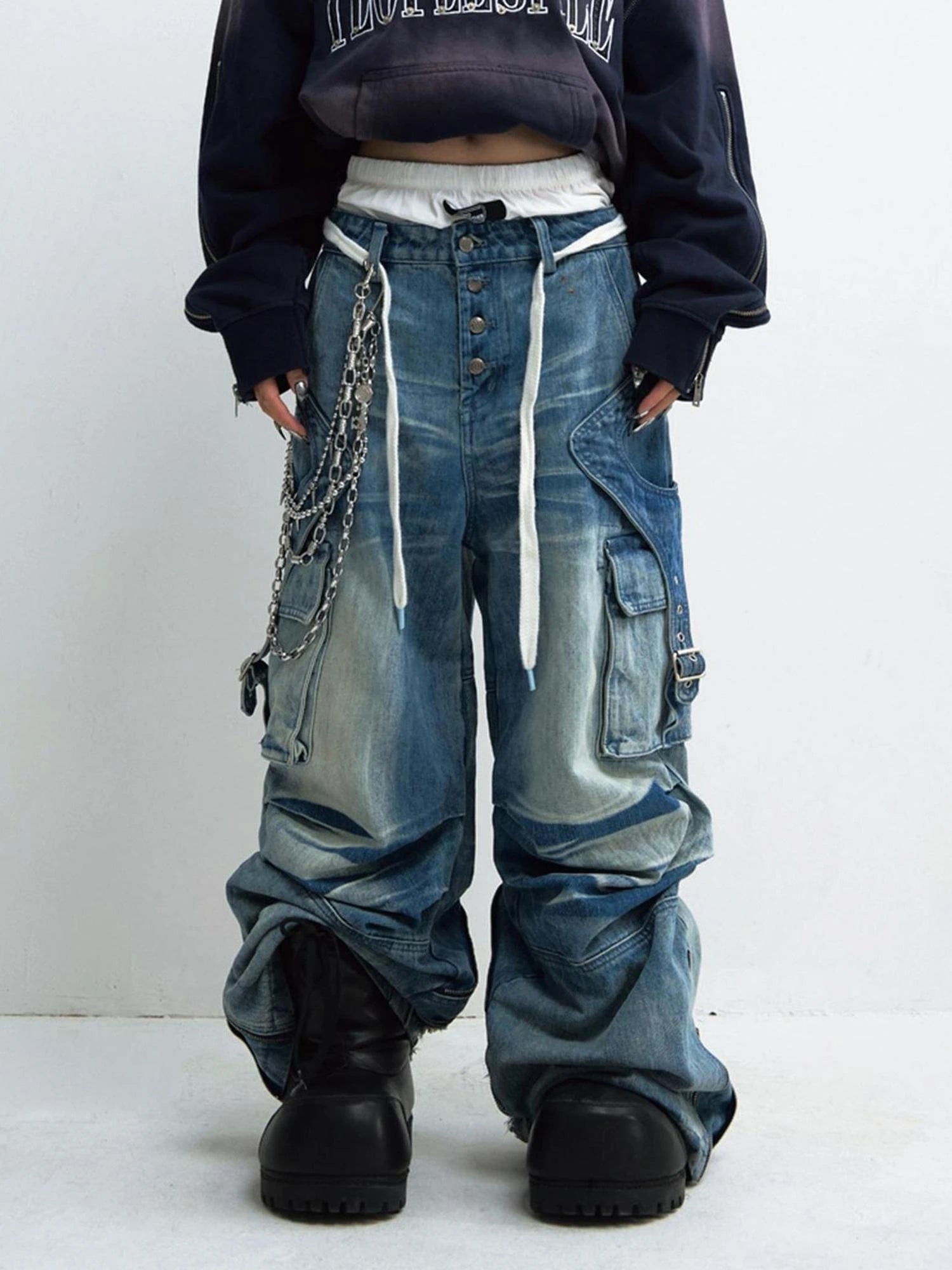 Vintage Washed Wide Leg Jeans With Asymmetrical Pleats