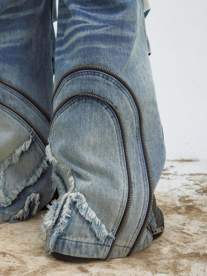 Peoplesense Vintage Washed Wide Leg Jeans With Asymmetrical Pleats