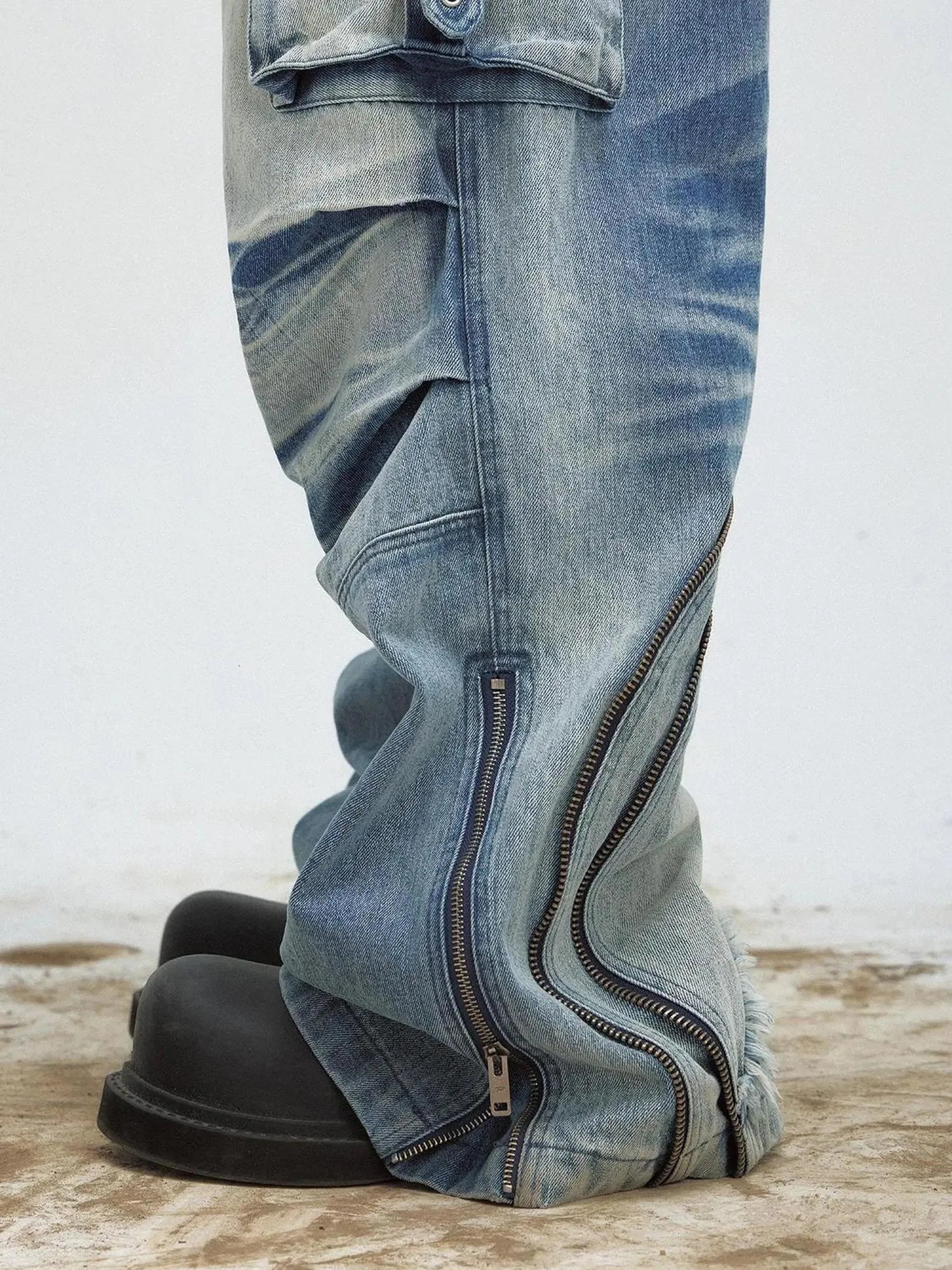 Vintage Washed Wide Leg Jeans With Asymmetrical Pleats