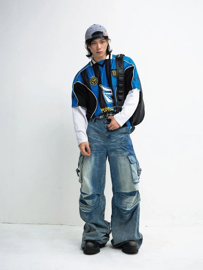 Vintage Washed Wide Leg Jeans With Asymmetrical Pleats