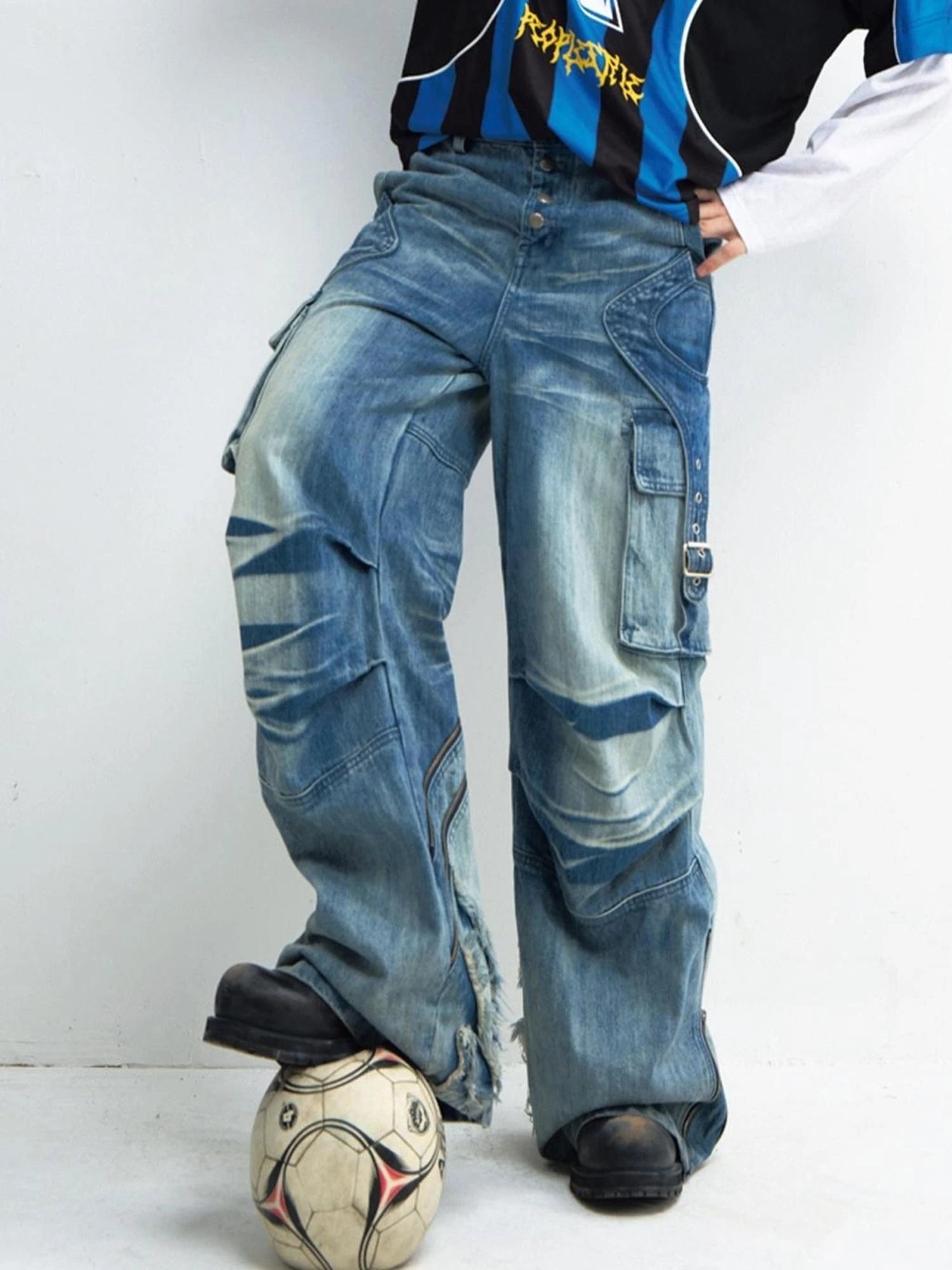 Vintage Washed Wide Leg Jeans With Asymmetrical Pleats