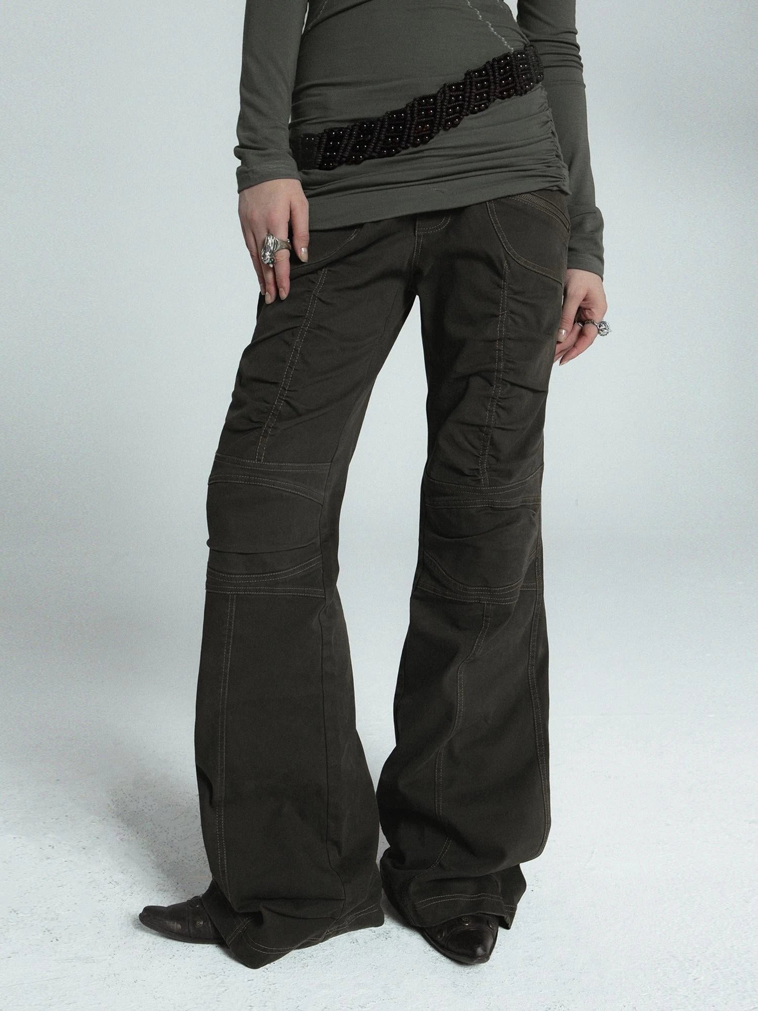 Vintage Washed Work Pants Flared Fit Mid Waist Four Seasons