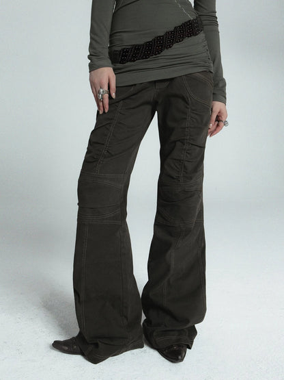 Vintage Washed Work Pants Flared Fit Mid Waist Four Seasons