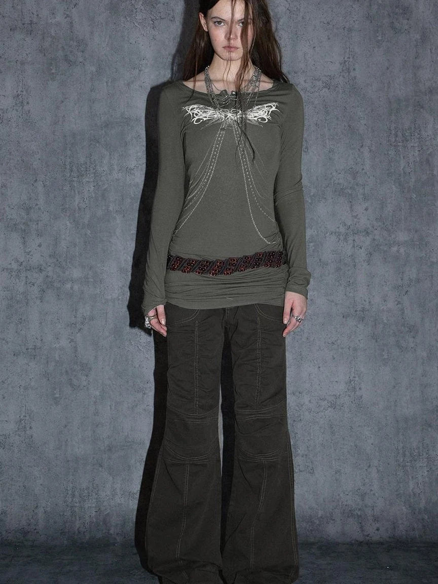 Vintage Washed Work Pants Flared Fit Mid Waist Four Seasons