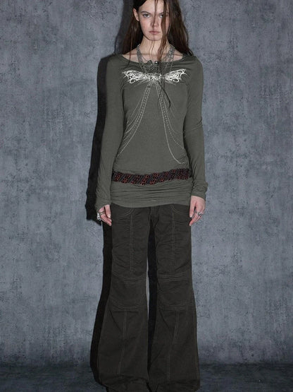 Vintage Washed Work Pants Flared Fit Mid Waist Four Seasons