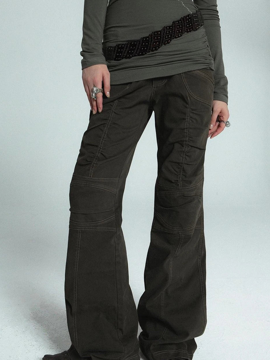 Vintage Washed Work Pants Flared Fit Mid Waist Four Seasons