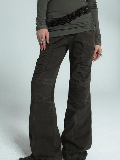 Vintage Washed Work Pants Flared Fit Mid Waist Four Seasons