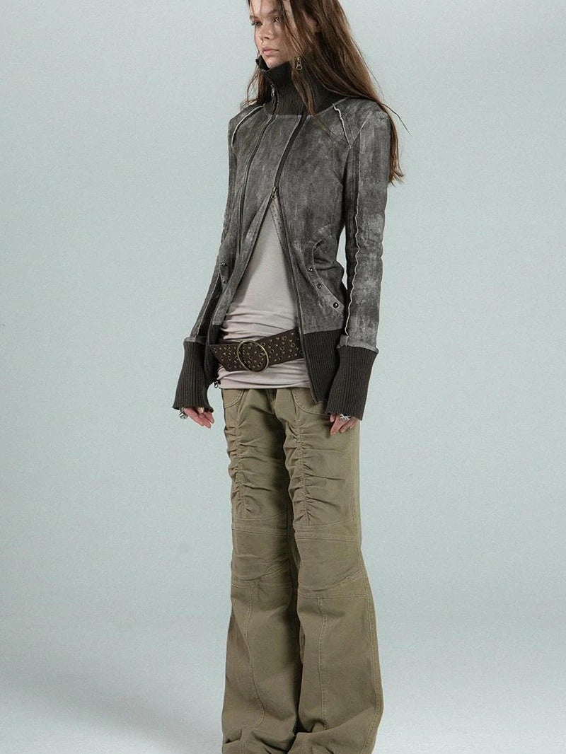 Vintage Washed Work Pants Flared Fit Mid Waist Four Seasons