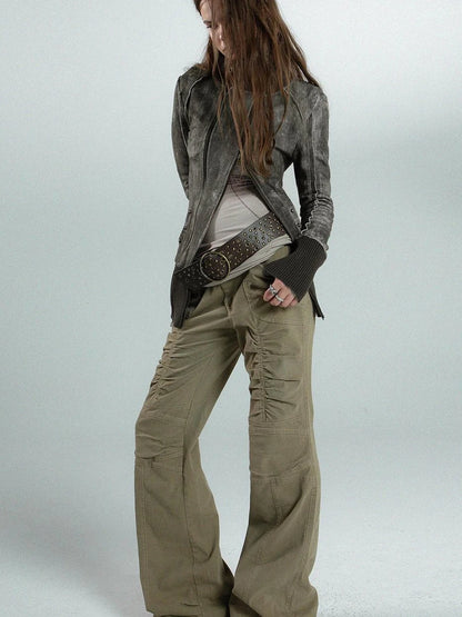 Vintage Washed Work Pants Flared Fit Mid Waist Four Seasons