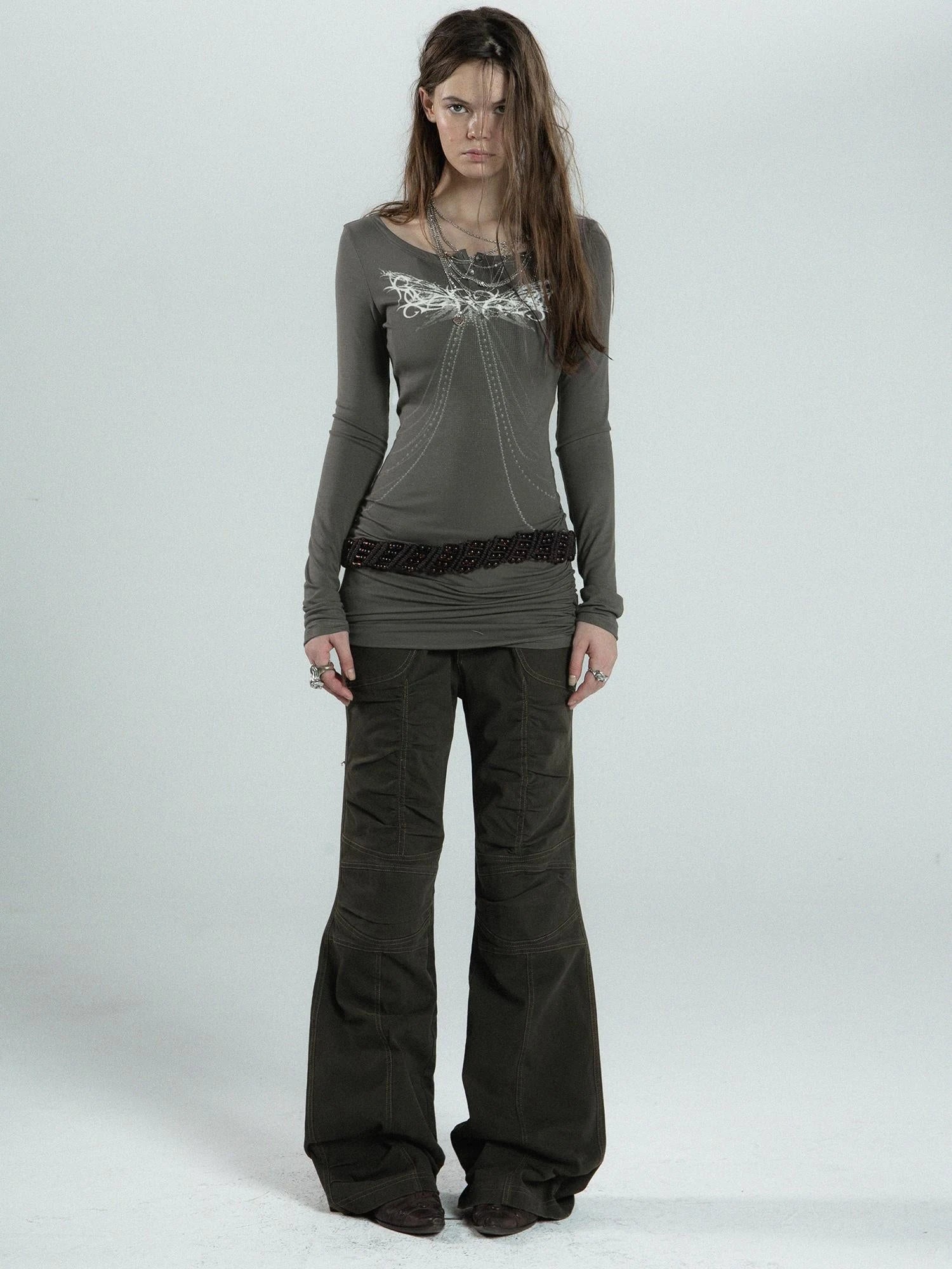 Vintage Washed Work Pants Flared Fit Mid Waist Four Seasons