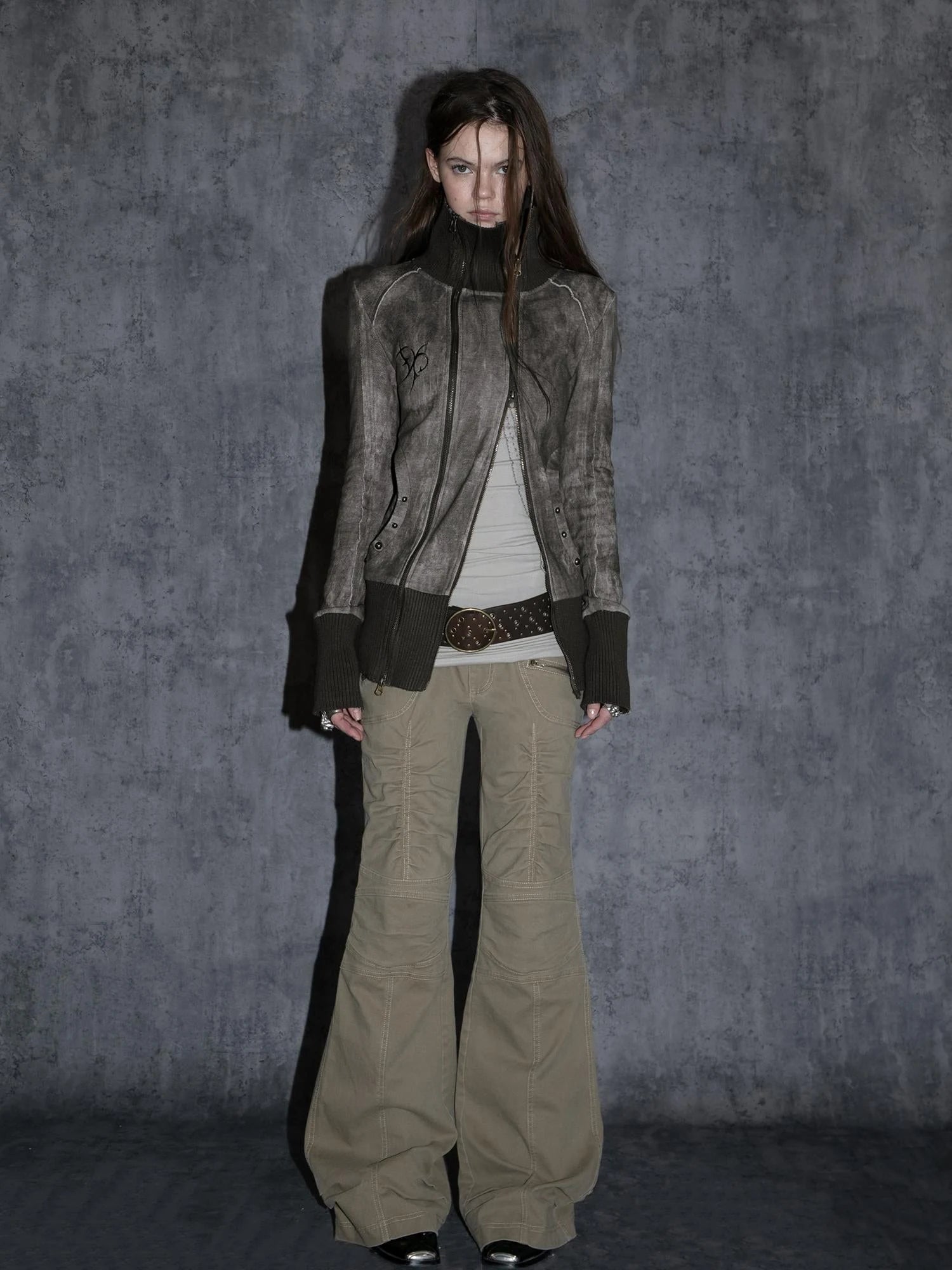 Vintage Washed Work Pants Flared Fit Mid Waist Four Seasons