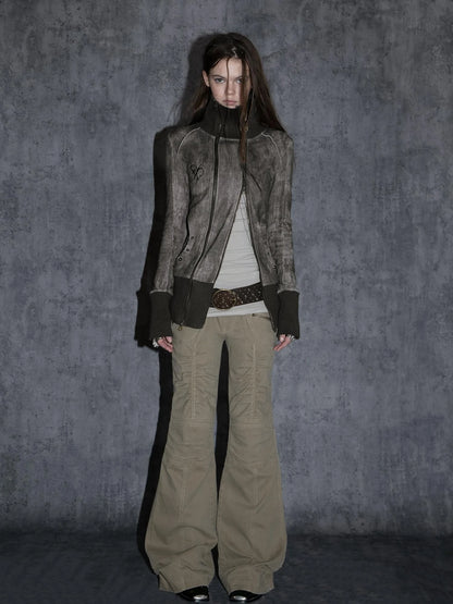 Vintage Washed Work Pants Flared Fit Mid Waist Four Seasons