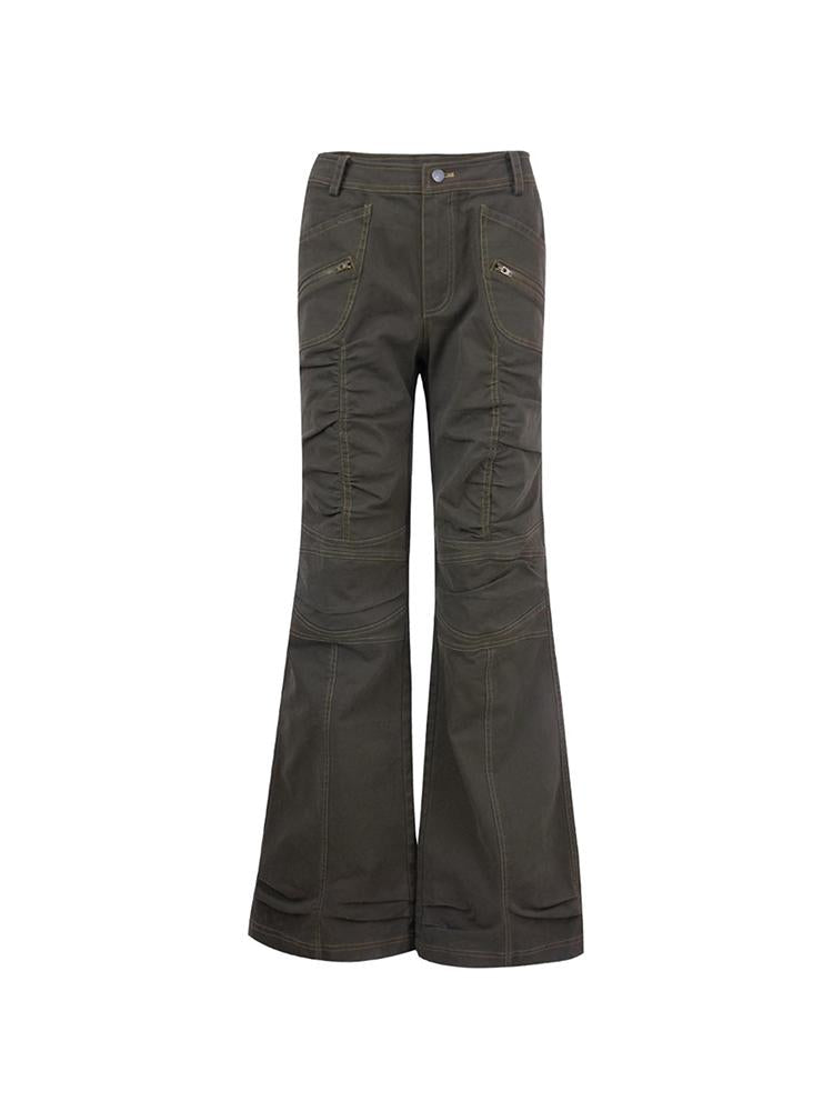 Vintage Washed Work Pants Flared Fit Mid Waist Four Seasons