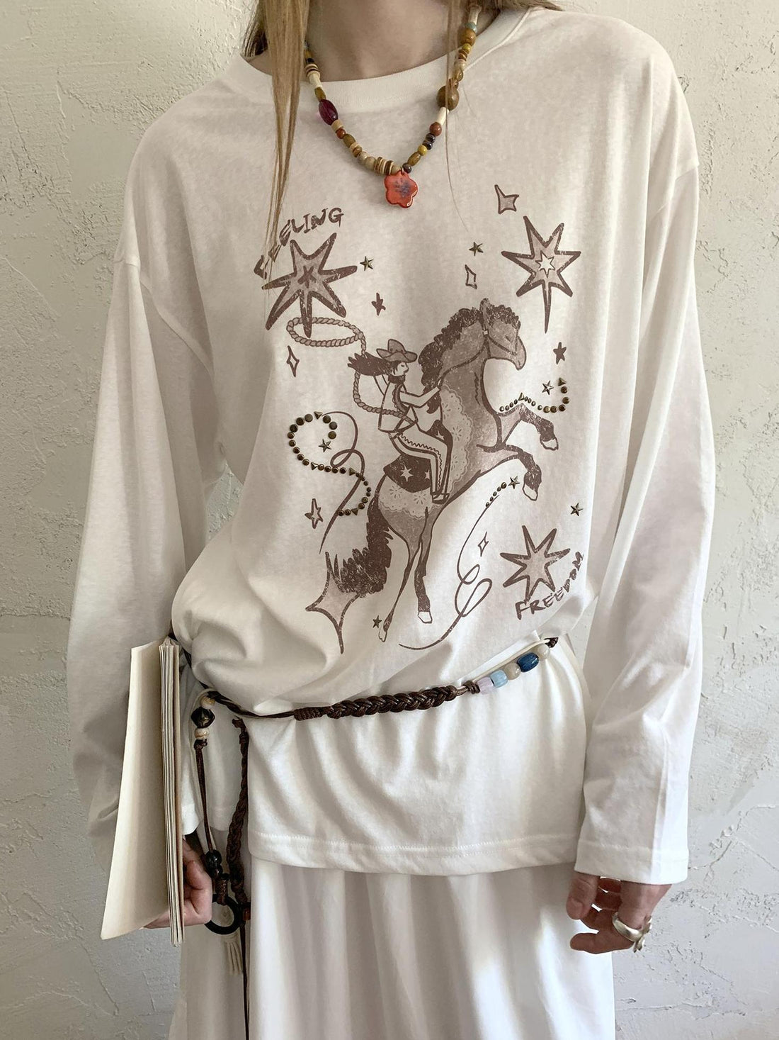 DIDDI MODA Vintage Western Cowboy Embellished Long Sleeve Tee