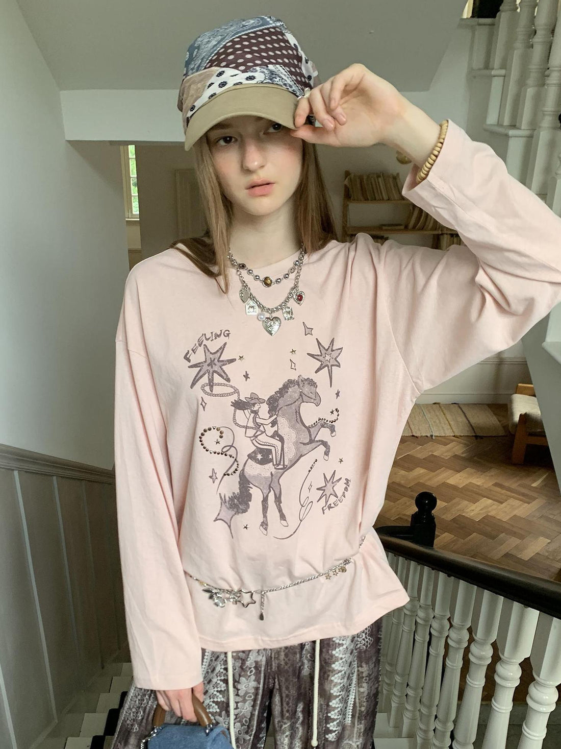 DIDDI MODA Vintage Western Cowboy Embellished Long Sleeve Tee