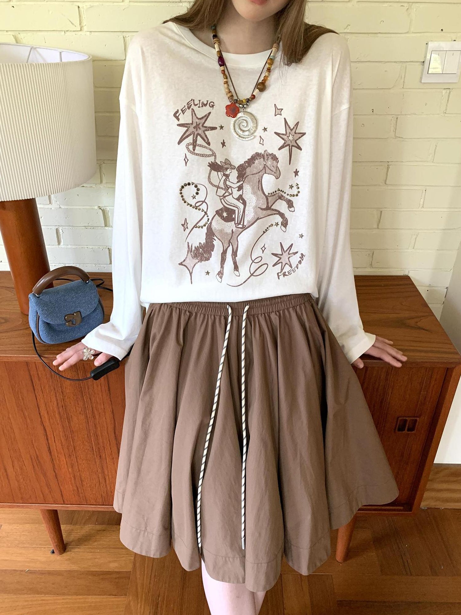 DIDDI MODA Vintage Western Cowboy Embellished Long Sleeve Tee