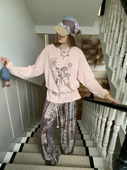 DIDDI MODA Vintage Western Cowboy Embellished Long Sleeve Tee