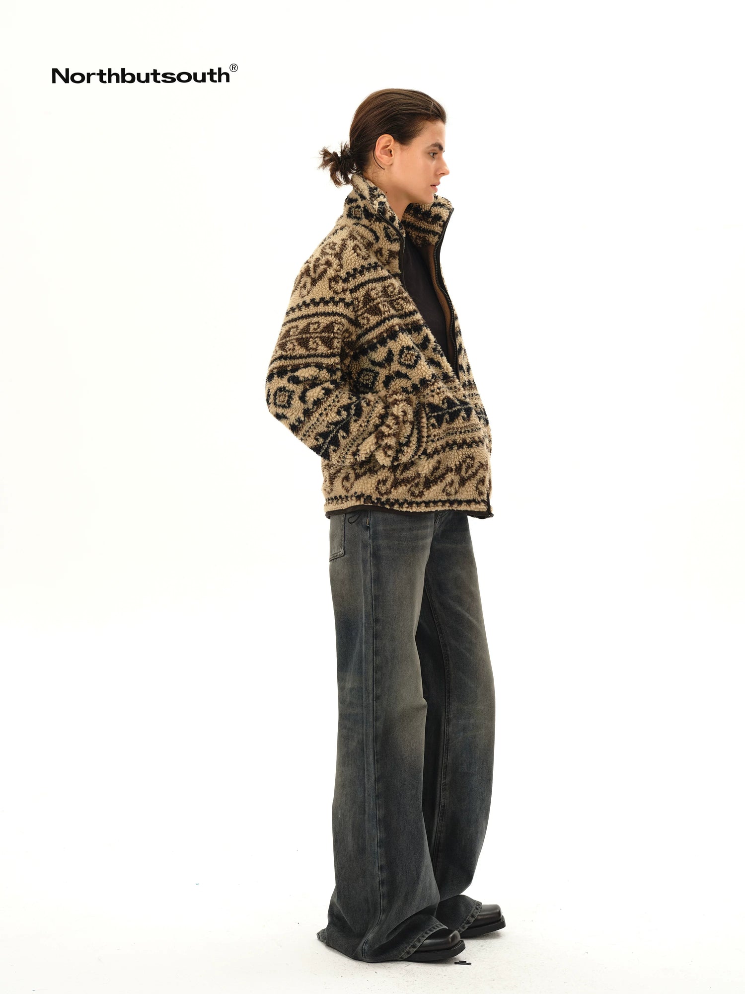 Vintage Western Curly Fleece Jacket V-neck T-shirt Long Sleeve