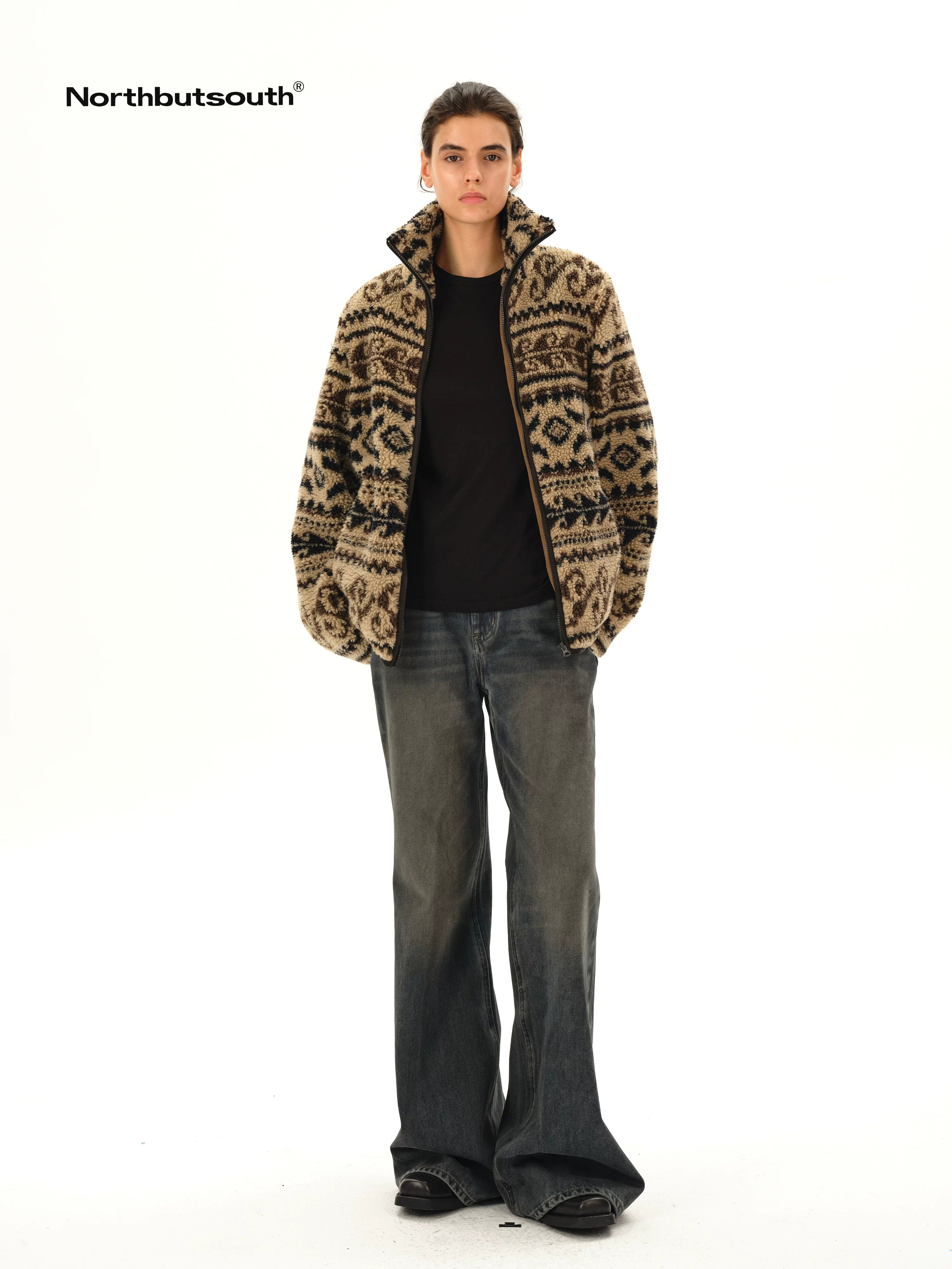 Vintage Western Curly Fleece Jacket V-neck T-shirt Long Sleeve