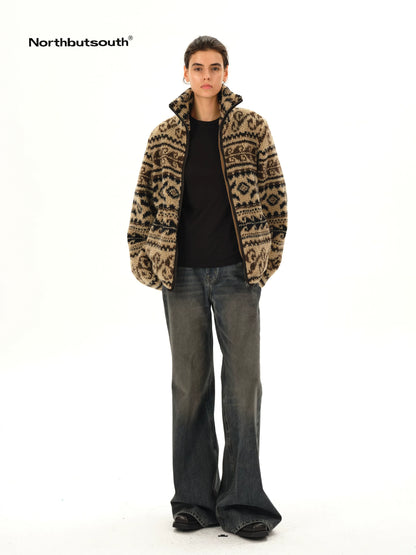 Vintage Western Curly Fleece Jacket V-neck T-shirt Long Sleeve