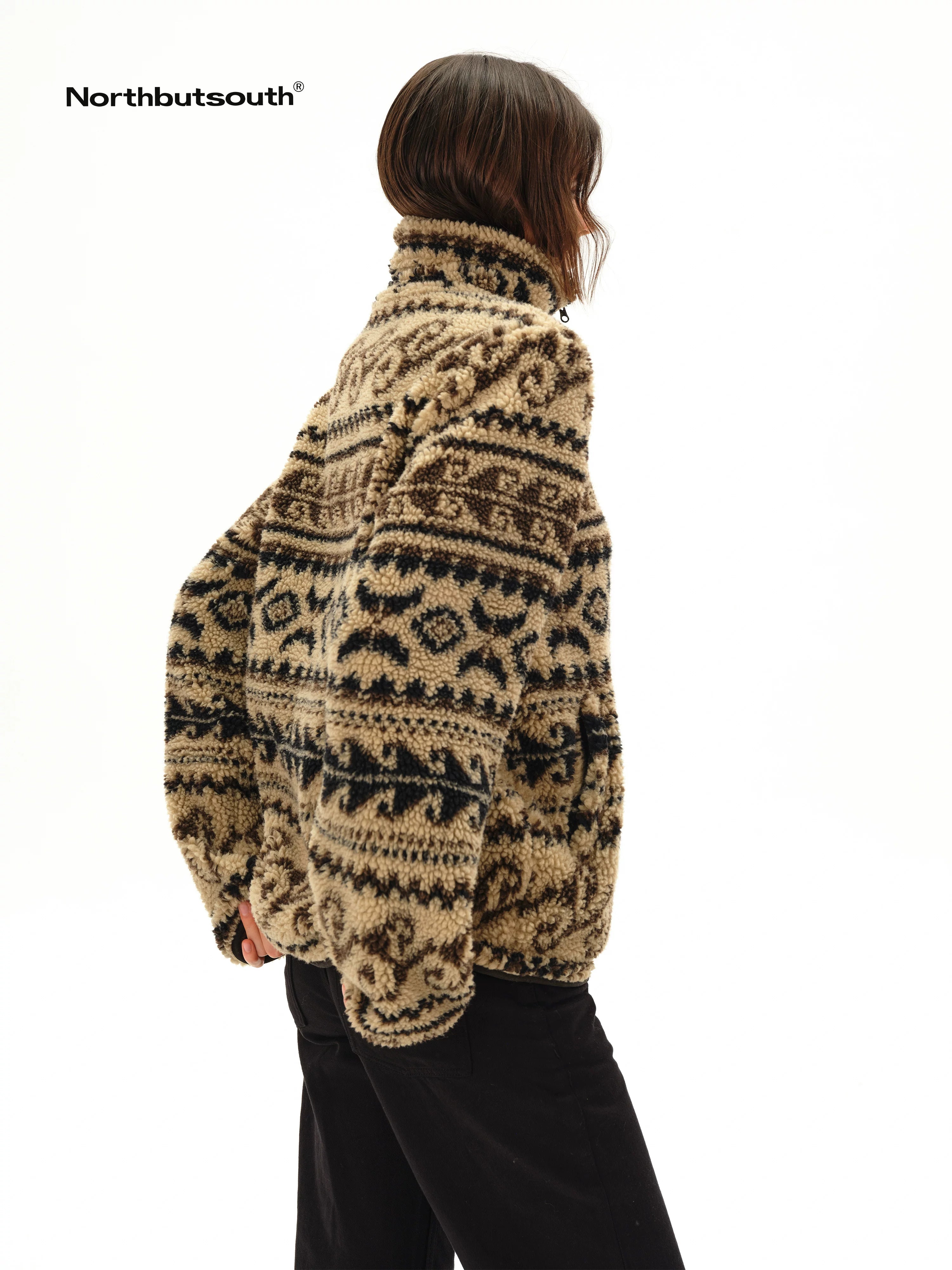 Vintage Western Curly Fleece Jacket V-neck T-shirt Long Sleeve