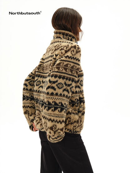 Vintage Western Curly Fleece Jacket V-neck T-shirt Long Sleeve