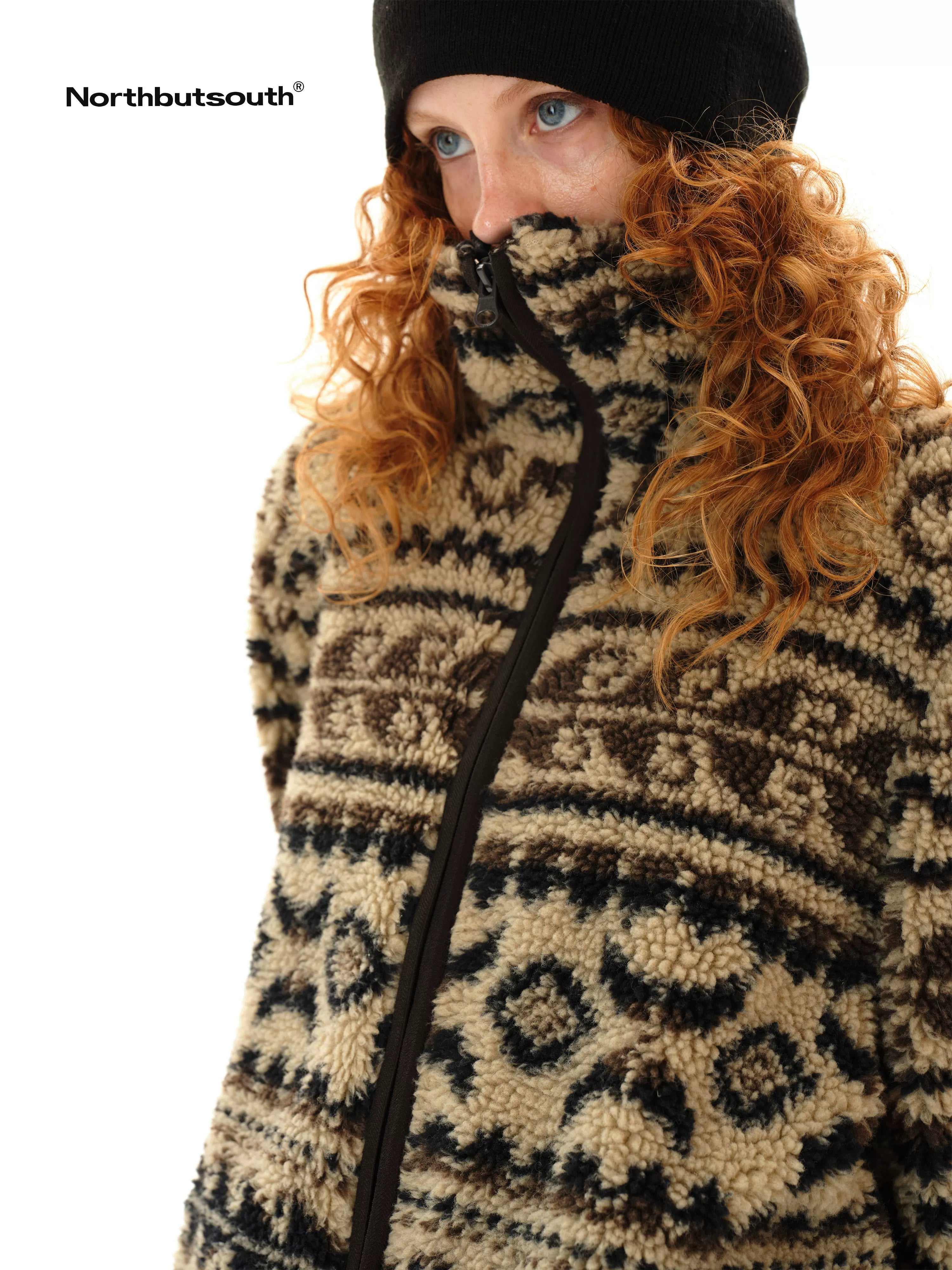 Vintage Western Curly Fleece Jacket V-neck T-shirt Long Sleeve
