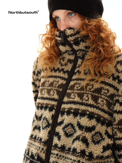 Vintage Western Curly Fleece Jacket V-neck T-shirt Long Sleeve