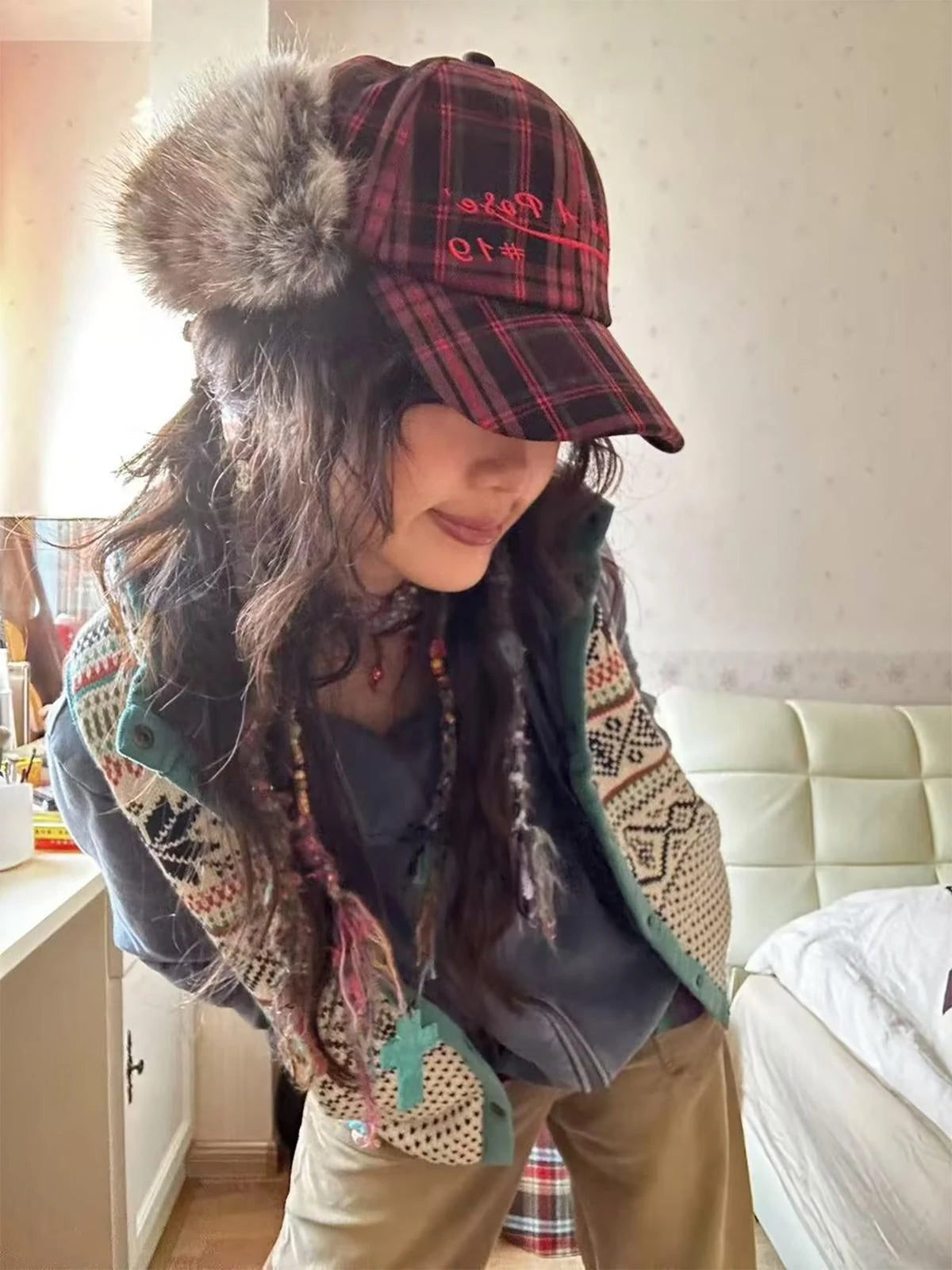 Vintage Wool Baseball Cap Winter Warm Christmas Hat For Women