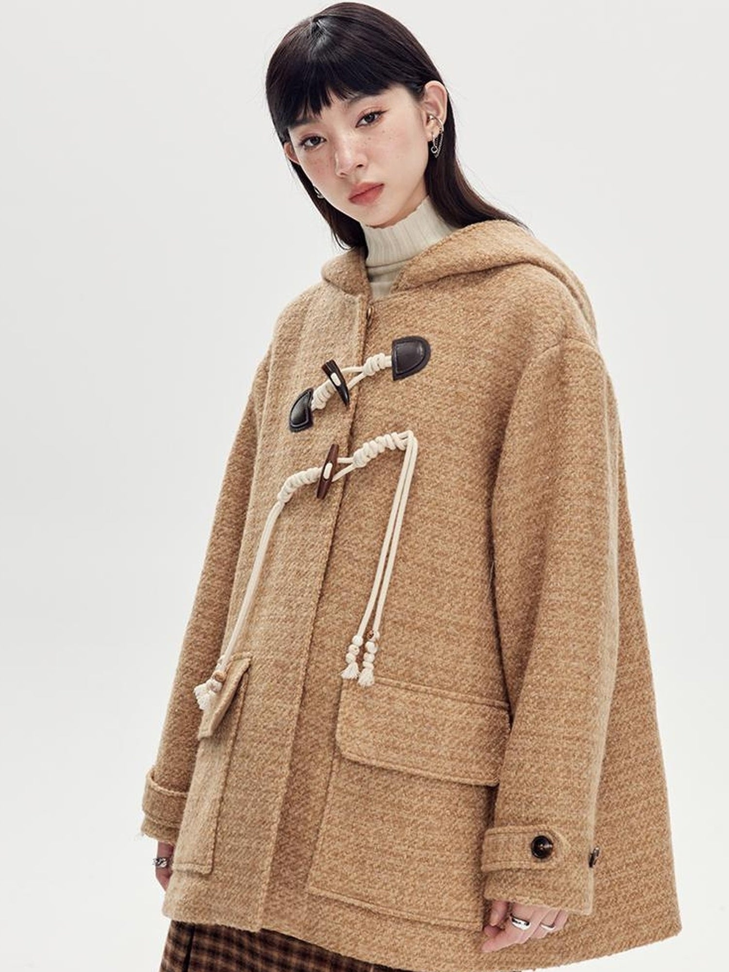 DIDDI MODA Vintage Wool Hooded Peacoat With Horn Buttons