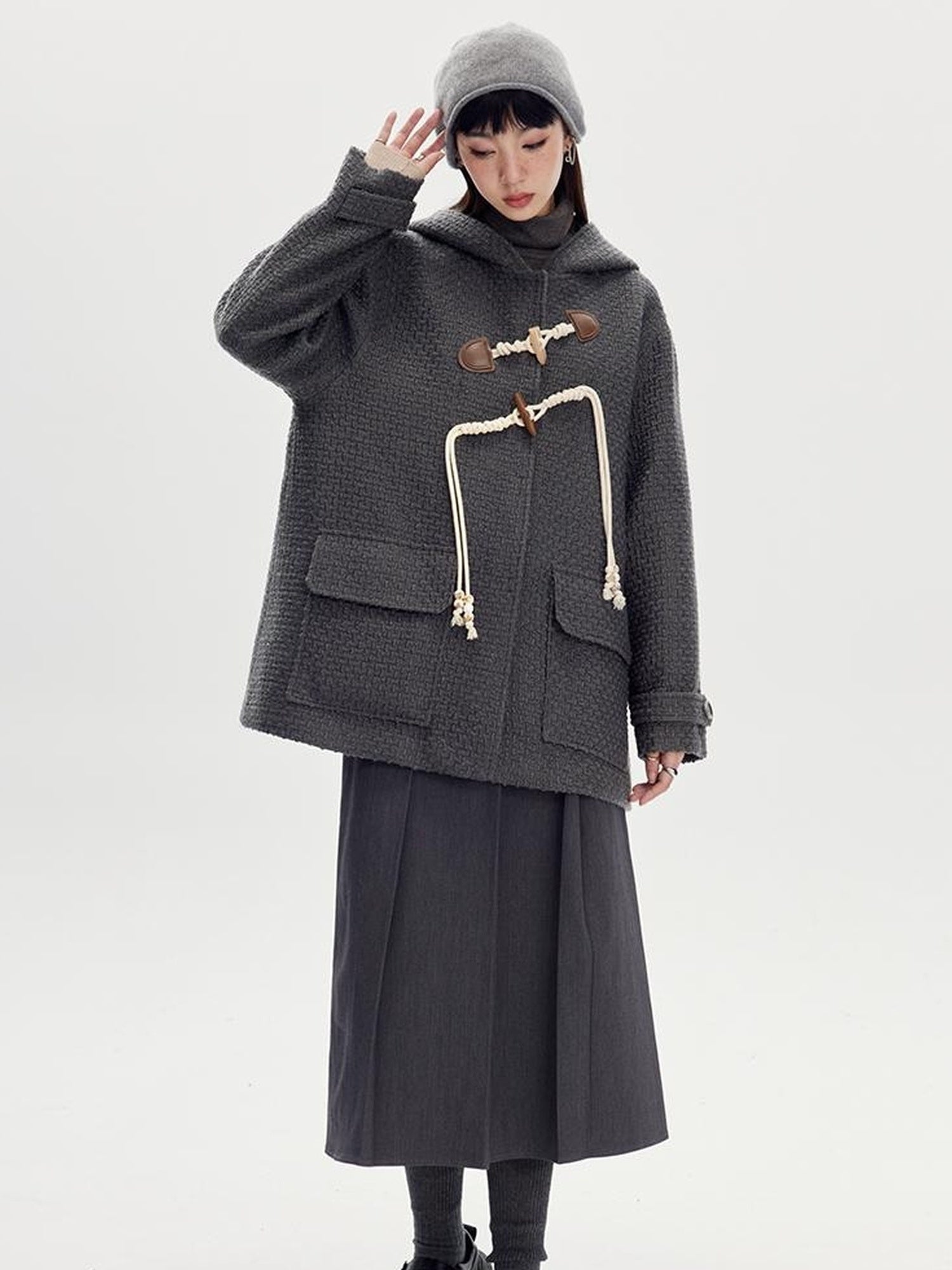 DIDDI MODA Vintage Wool Hooded Peacoat With Horn Buttons