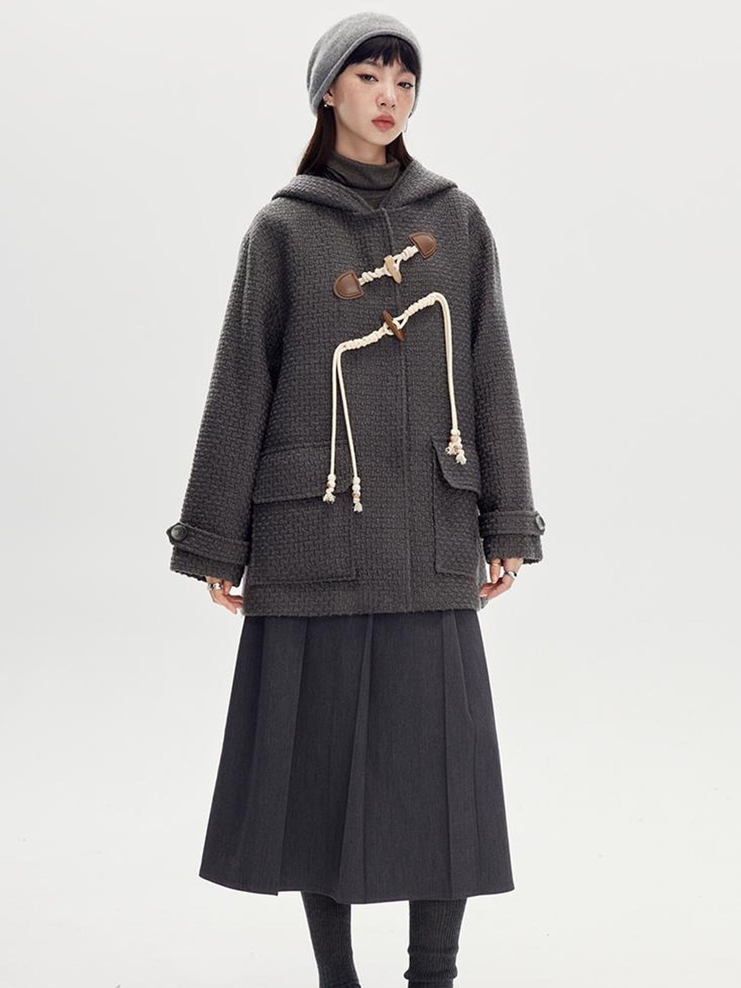 DIDDI MODA Vintage Wool Hooded Peacoat With Horn Buttons