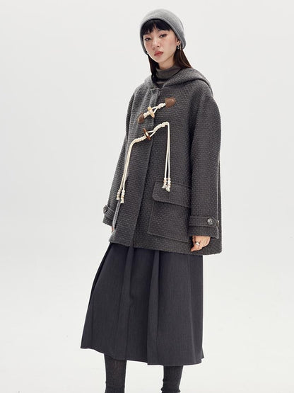 DIDDI MODA Vintage Wool Hooded Peacoat With Horn Buttons