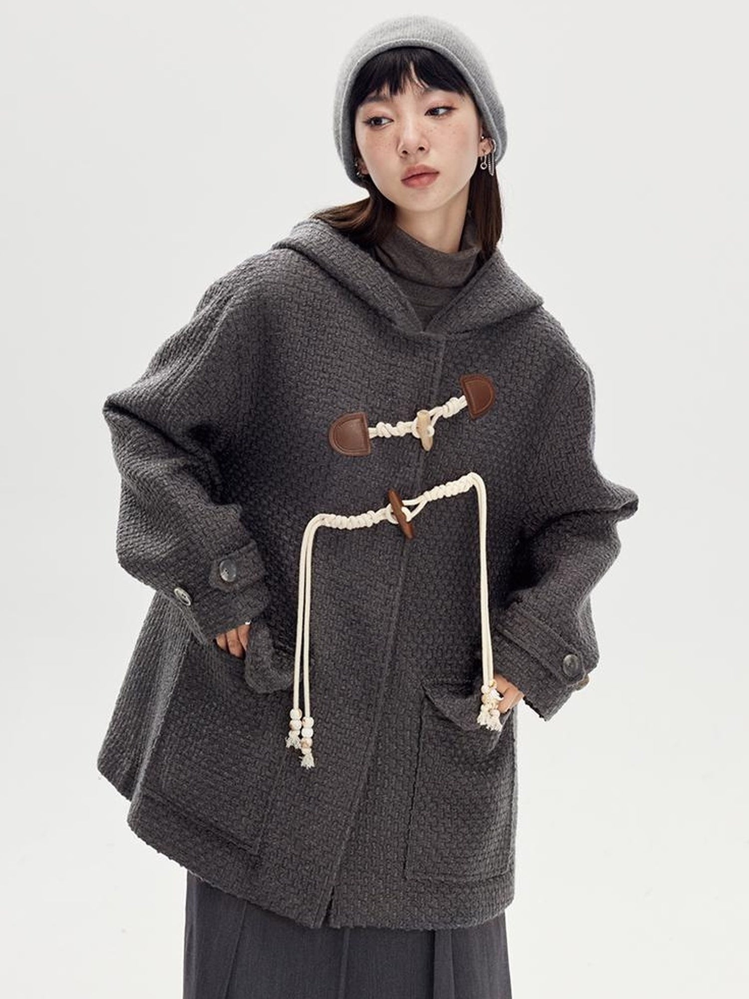 DIDDI MODA Vintage Wool Hooded Peacoat With Horn Buttons