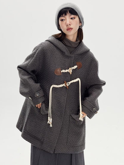 DIDDI MODA Vintage Wool Hooded Peacoat With Horn Buttons
