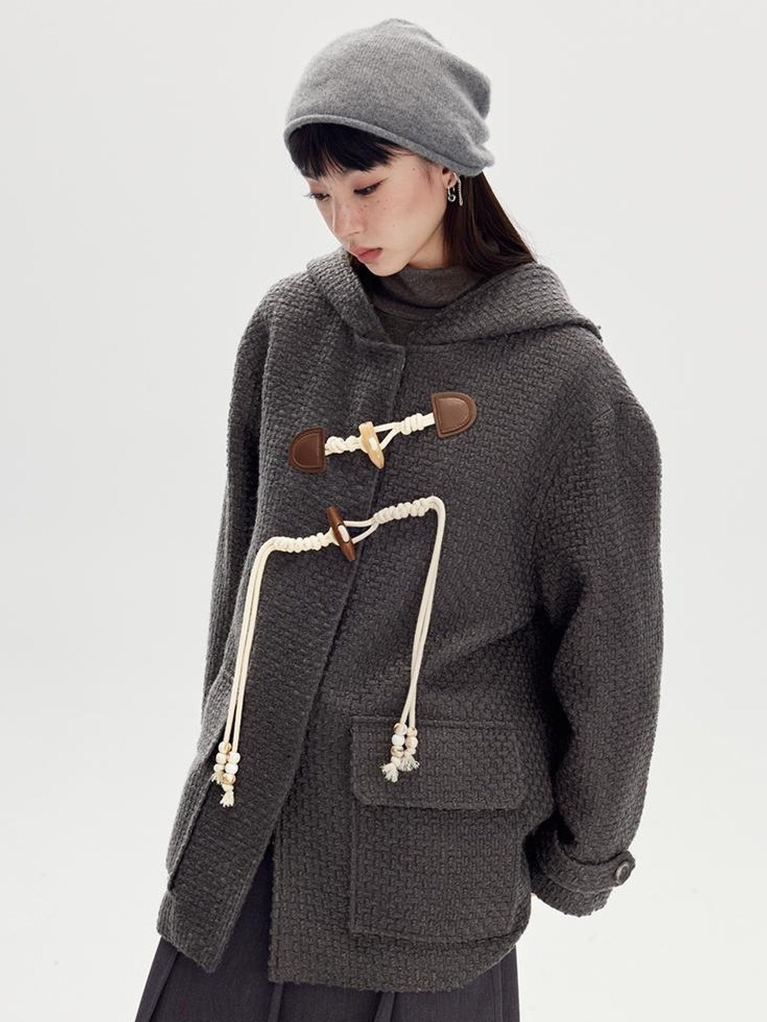 DIDDI MODA Vintage Wool Hooded Peacoat With Horn Buttons