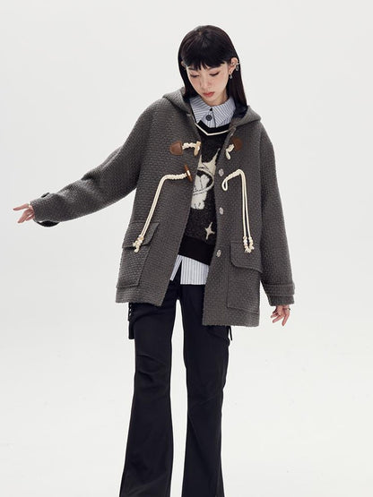 DIDDI MODA Vintage Wool Hooded Peacoat With Horn Buttons