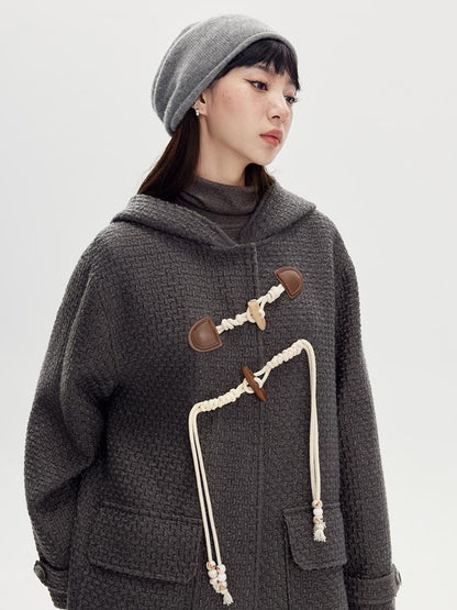 DIDDI MODA Vintage Wool Hooded Peacoat With Horn Buttons