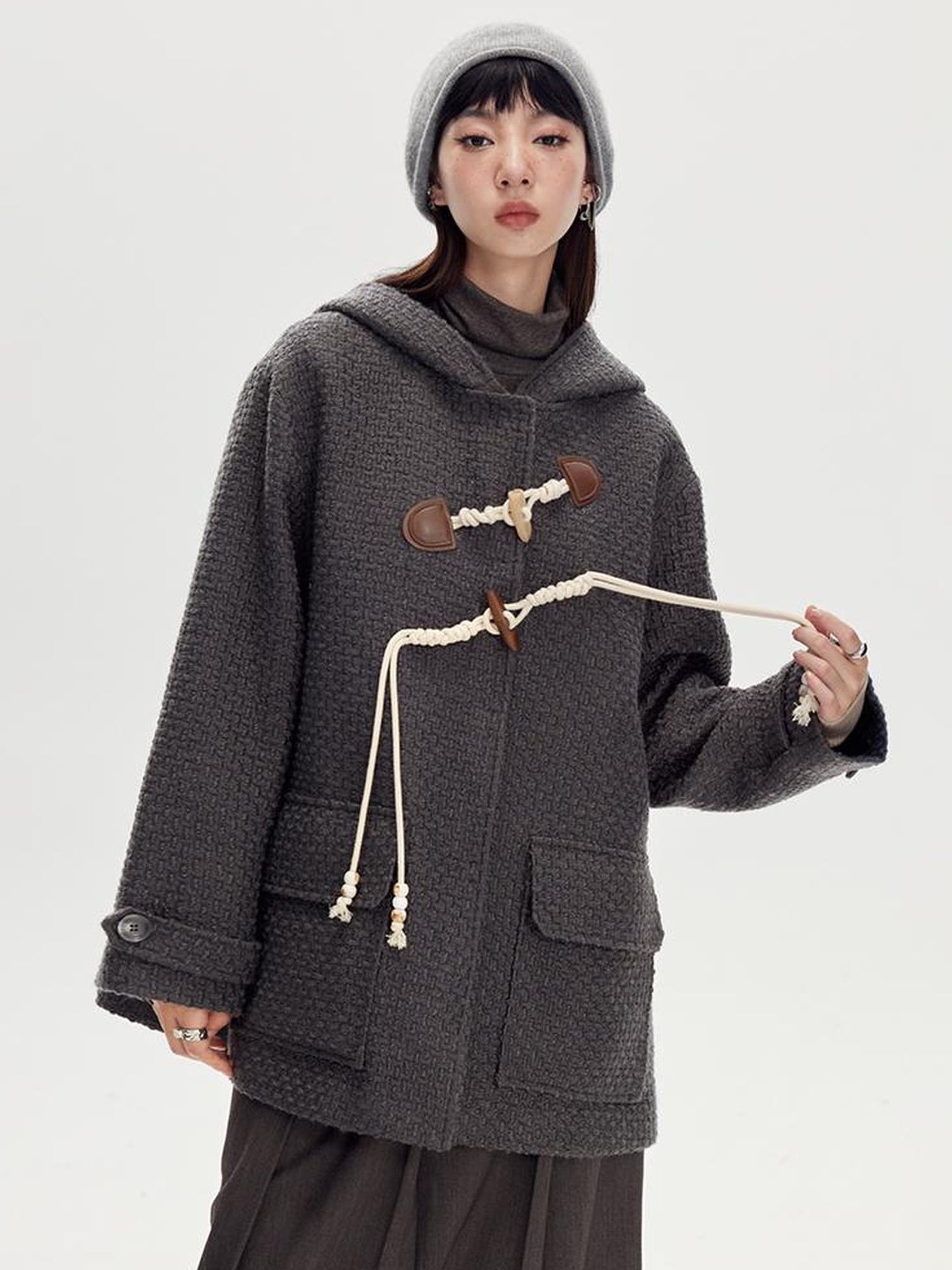 DIDDI MODA Vintage Wool Hooded Peacoat With Horn Buttons