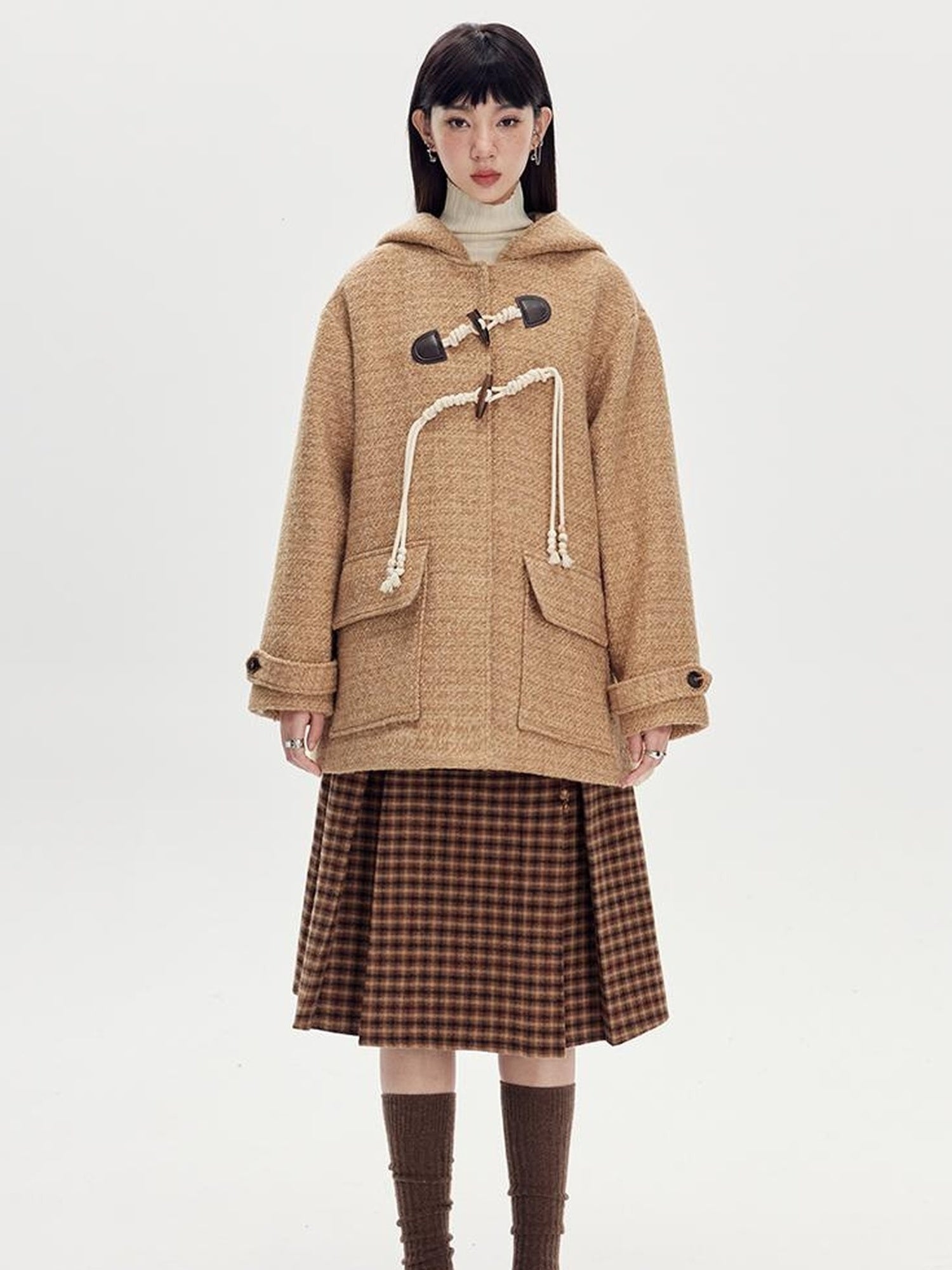 DIDDI MODA Vintage Wool Hooded Peacoat With Horn Buttons