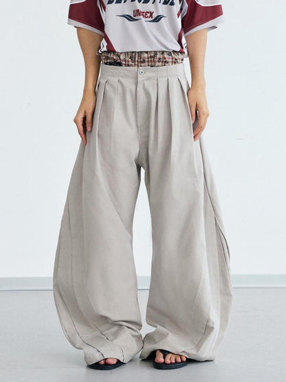 Peoplesense Vintage Wrinkle Drape Curved Knife Trousers Loose Fit Polyester Gray