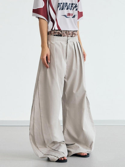 Peoplesense Vintage Wrinkle Drape Curved Knife Trousers Loose Fit Polyester Gray