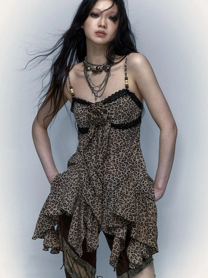 Vintage Y2K Floral Leopard Print Asymmetrical Dress
