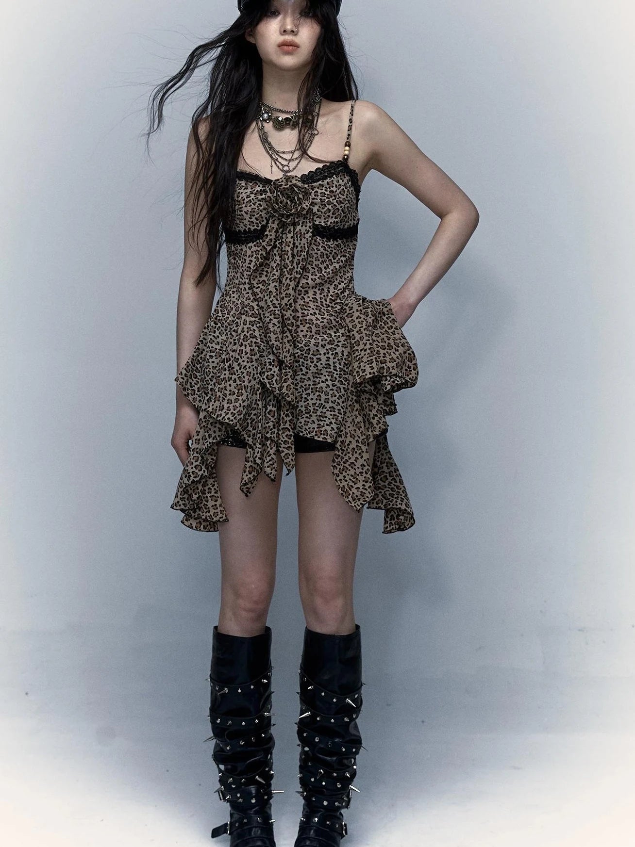 Vintage Y2K Floral Leopard Print Asymmetrical Dress