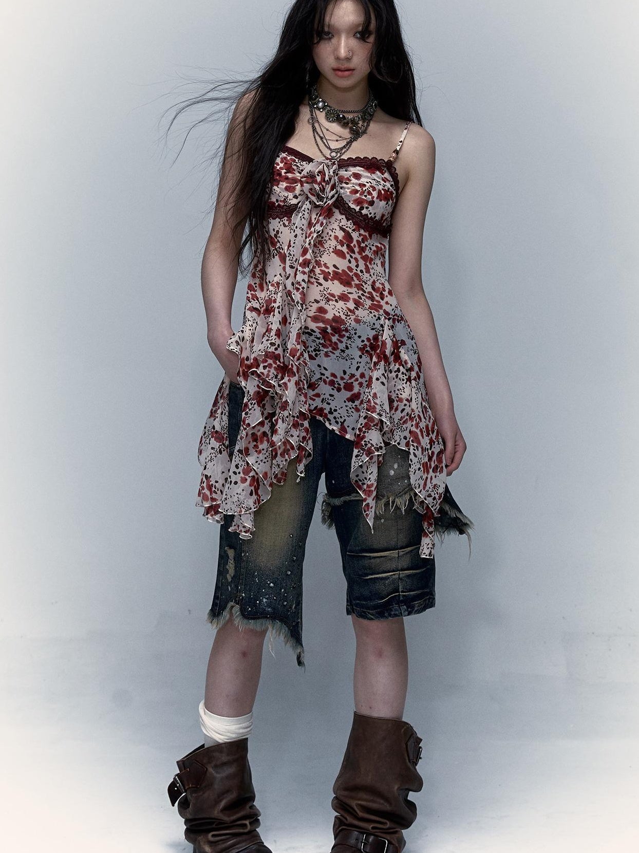 Vintage Y2K Floral Leopard Print Asymmetrical Dress
