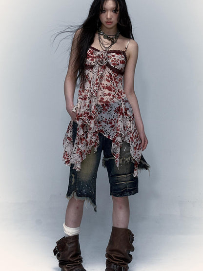 Vintage Y2K Floral Leopard Print Asymmetrical Dress