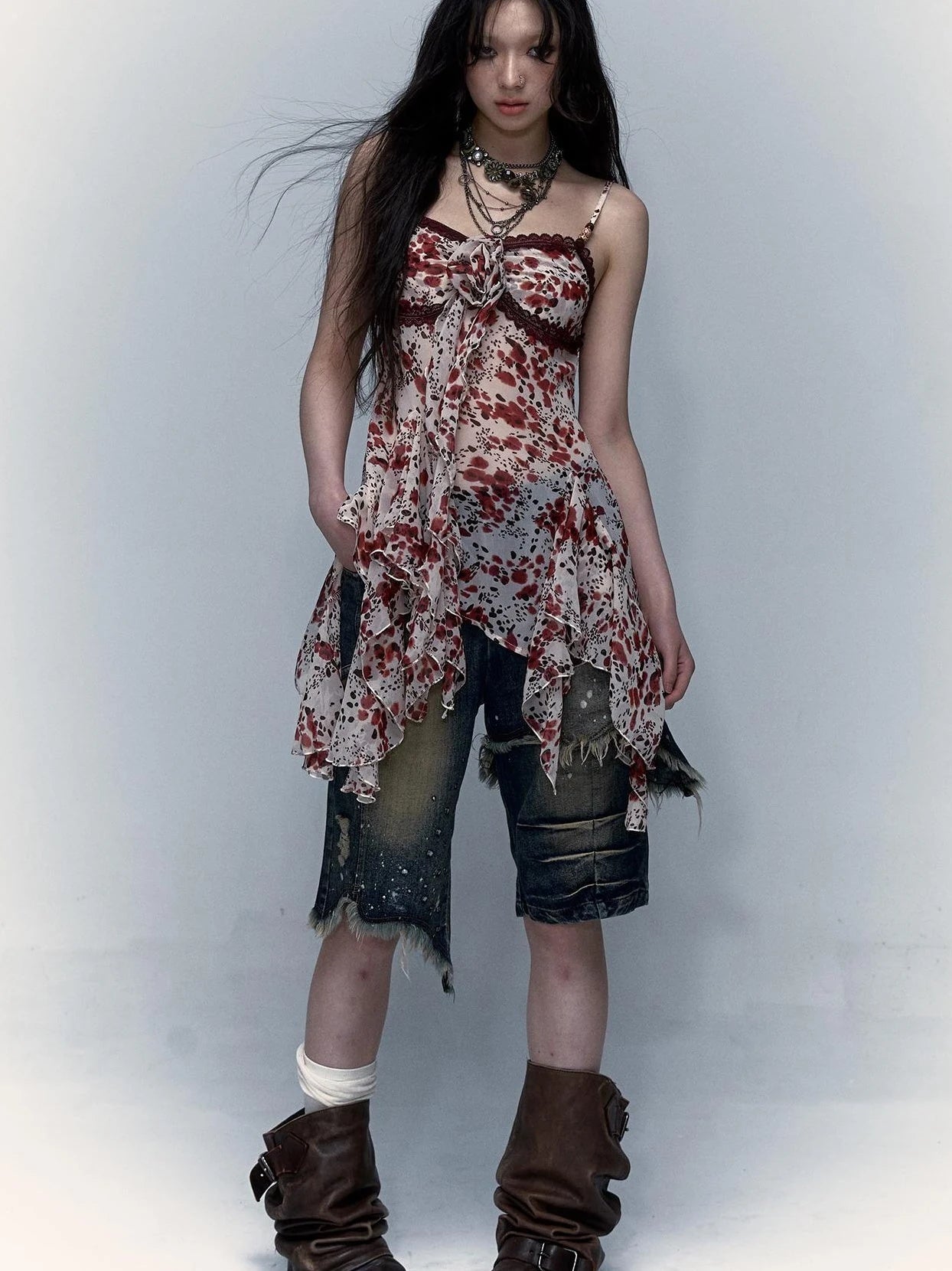 Vintage Y2K Floral Leopard Print Asymmetrical Dress